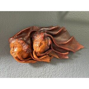 Vintage Unique Handmade Leather Wall Art Sculpture Abstract angel Faces Brown